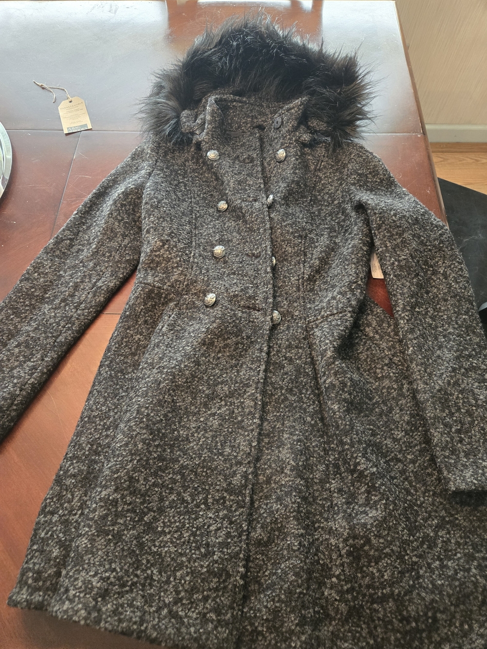 Liz Claiborne Charcoal Gray Wool-Blend Pea Coat with Faux-Fur Hood